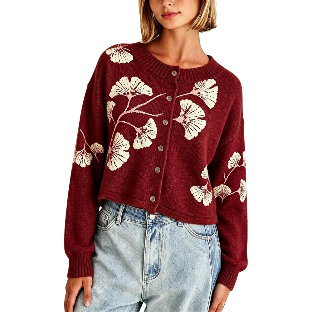 image:imageSpringrain Womens Floral Cropped Cardigan V Neck Button Down Knit SweaterBurgundy