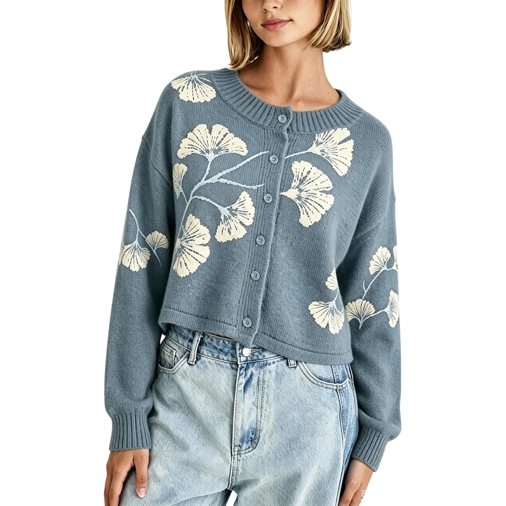 image:imageSpringrain Womens Floral Cropped Cardigan V Neck Button Down Knit SweaterDustyblue