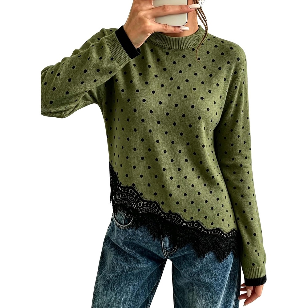 image:imageSpringrain Womens Polka Dot Sweater Long Sleeve Lace Trim Knit TopArmygreen