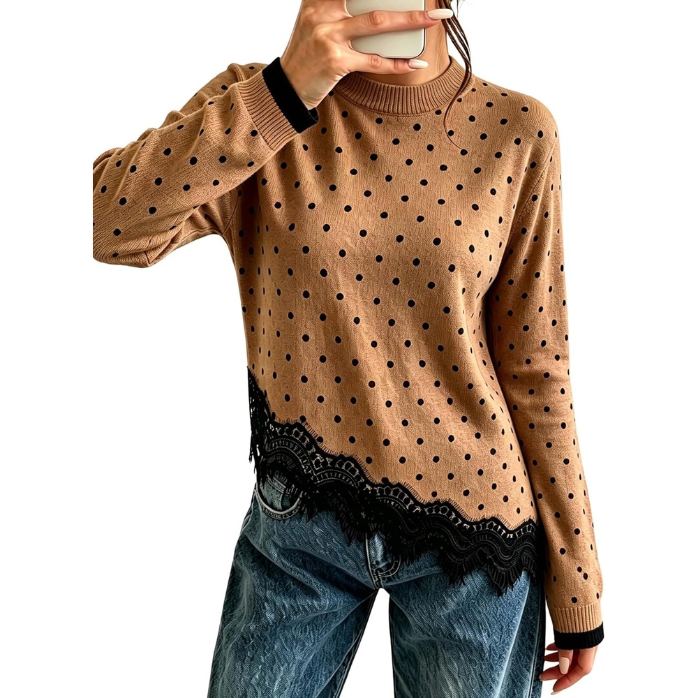 image:imageSpringrain Womens Polka Dot Sweater Long Sleeve Lace Trim Knit TopBrown