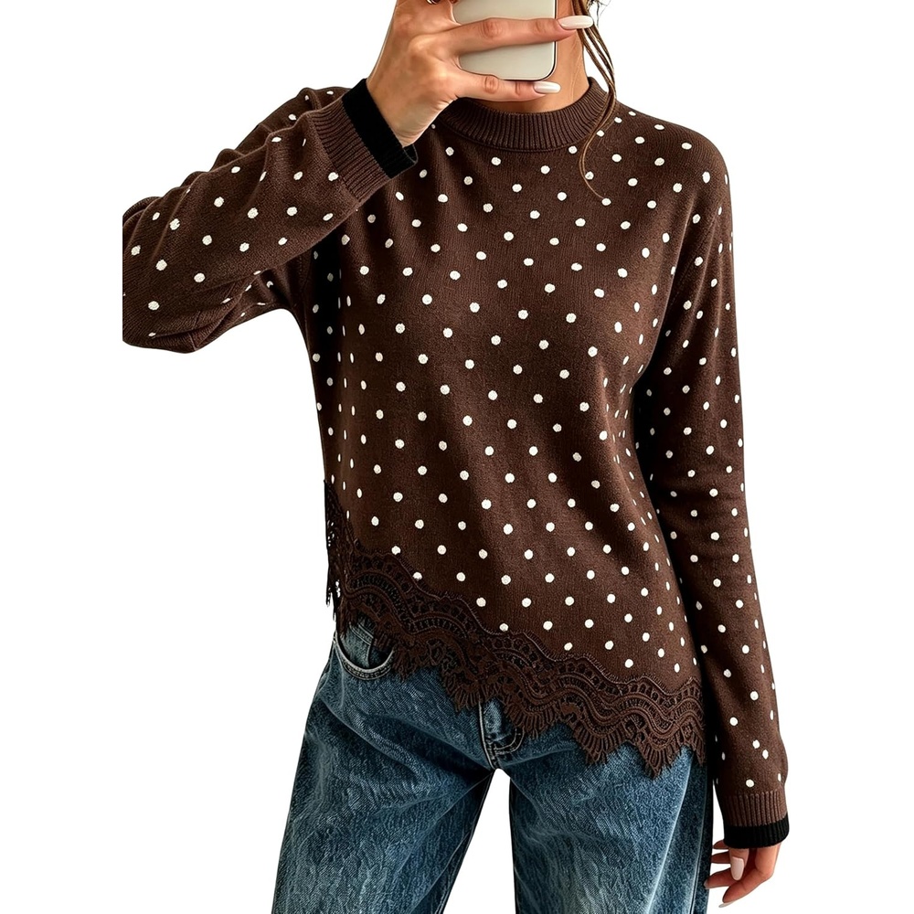 image:imageSpringrain Womens Polka Dot Sweater Long Sleeve Lace Trim Knit TopCoffee
