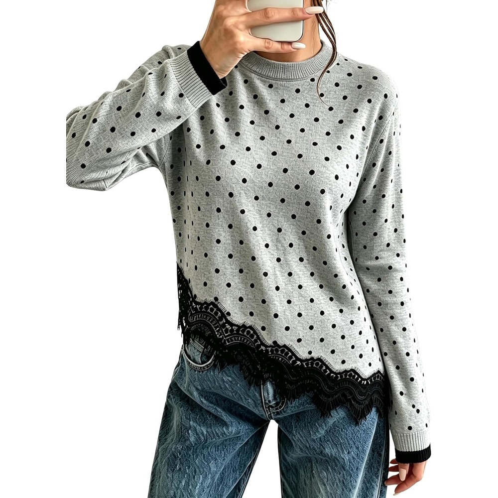 image:imageSpringrain Womens Polka Dot Sweater Long Sleeve Lace Trim Knit TopGrey
