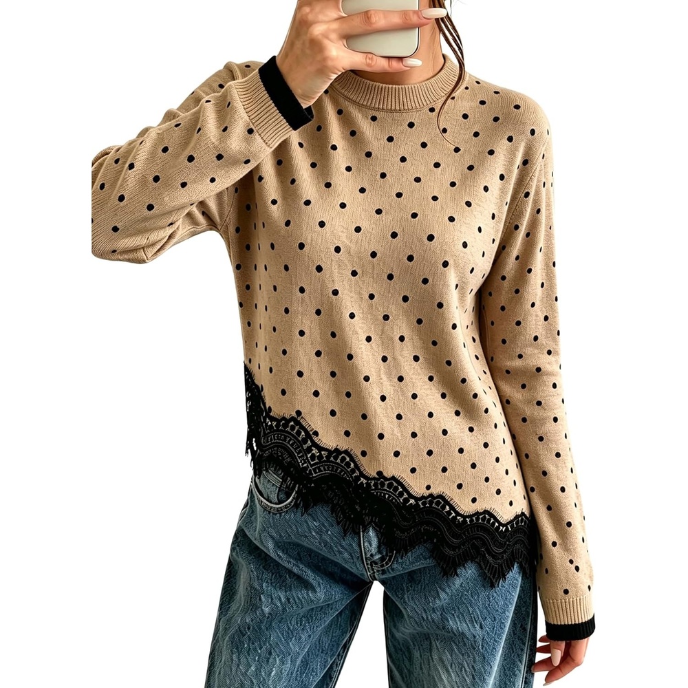 image:imageSpringrain Womens Polka Dot Sweater Long Sleeve Lace Trim Knit TopKhaki