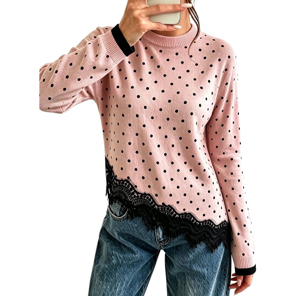 image:imageSpringrain Womens Polka Dot Sweater Long Sleeve Lace Trim Knit TopPink