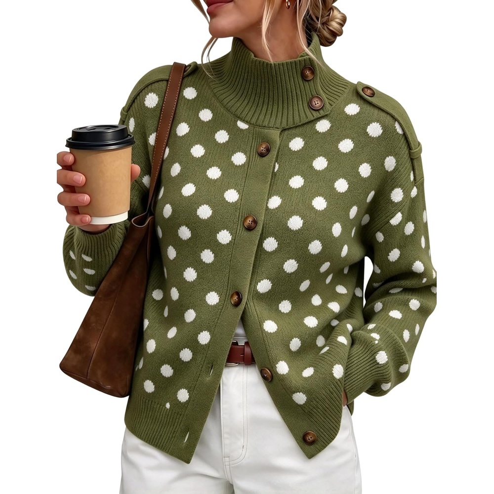 image:imageSpringrain Womens Polka Dot Turtleneck Ribbed Knit Button Cardigan SweaterArmygreen
