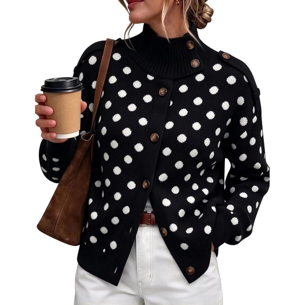 image:imageSpringrain Womens Polka Dot Turtleneck Ribbed Knit Button Cardigan SweaterBlack