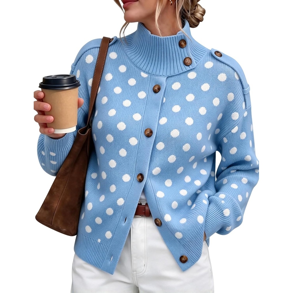 image:imageSpringrain Womens Polka Dot Turtleneck Ribbed Knit Button Cardigan SweaterBlue