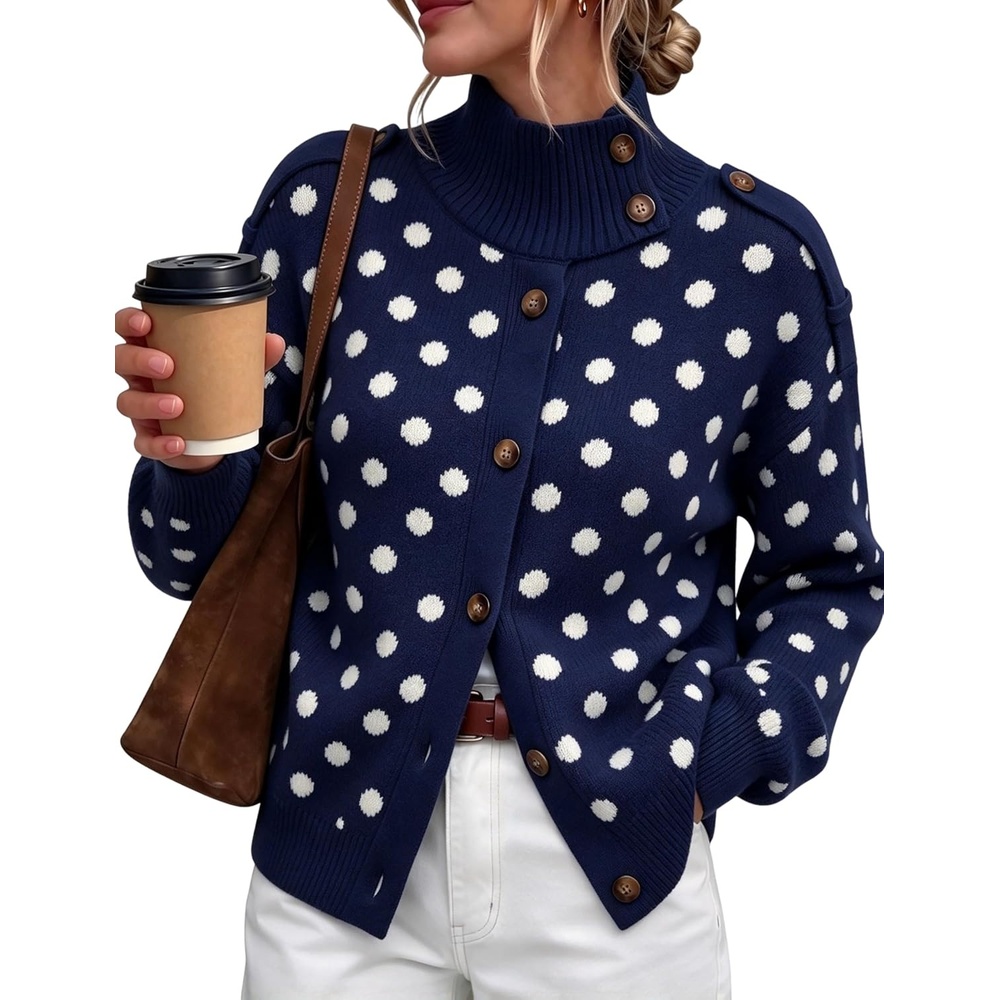 image:imageSpringrain Womens Polka Dot Turtleneck Ribbed Knit Button Cardigan SweaterNavy