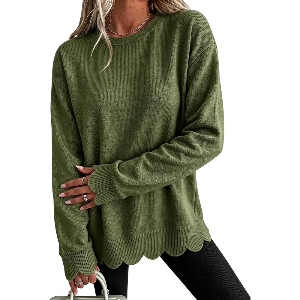 image:imageSpringrain Womens Scalloped Trim Sweater Crew Neck Long Sleeve Knit TopArmygreen