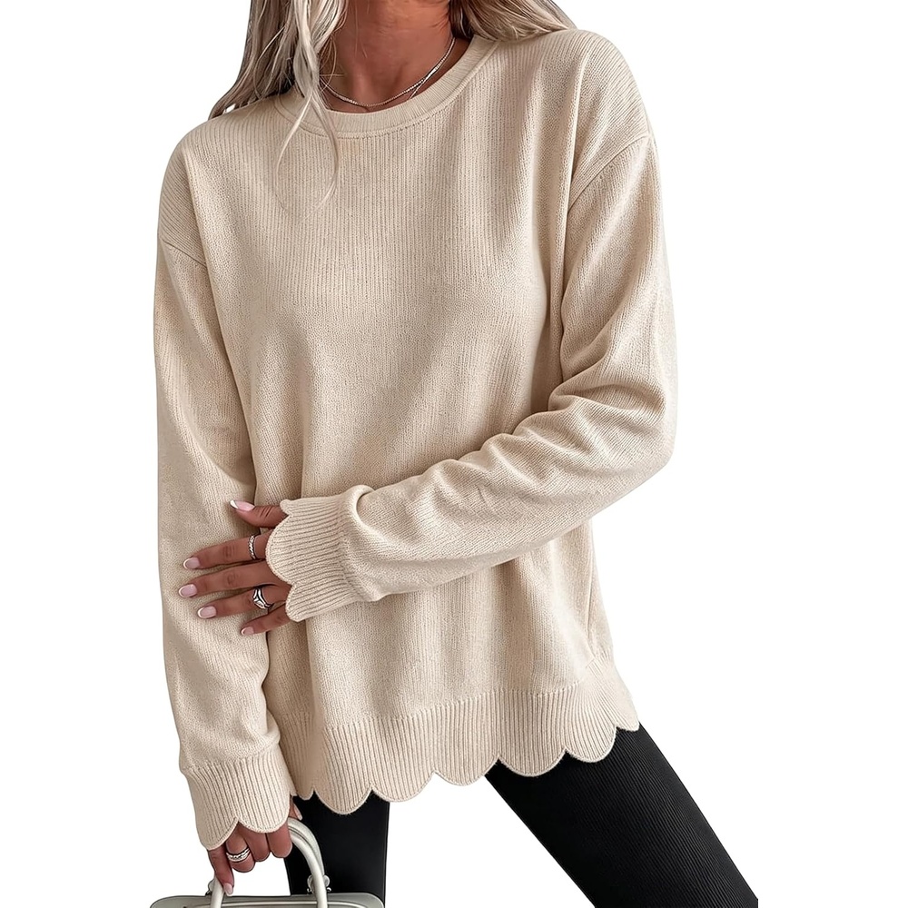 image:imageSpringrain Womens Scalloped Trim Sweater Crew Neck Long Sleeve Knit TopBeige