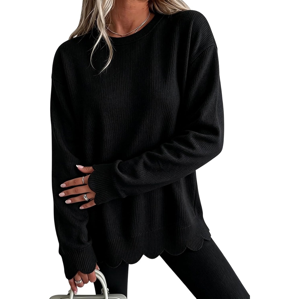 image:imageSpringrain Womens Scalloped Trim Sweater Crew Neck Long Sleeve Knit TopBlack