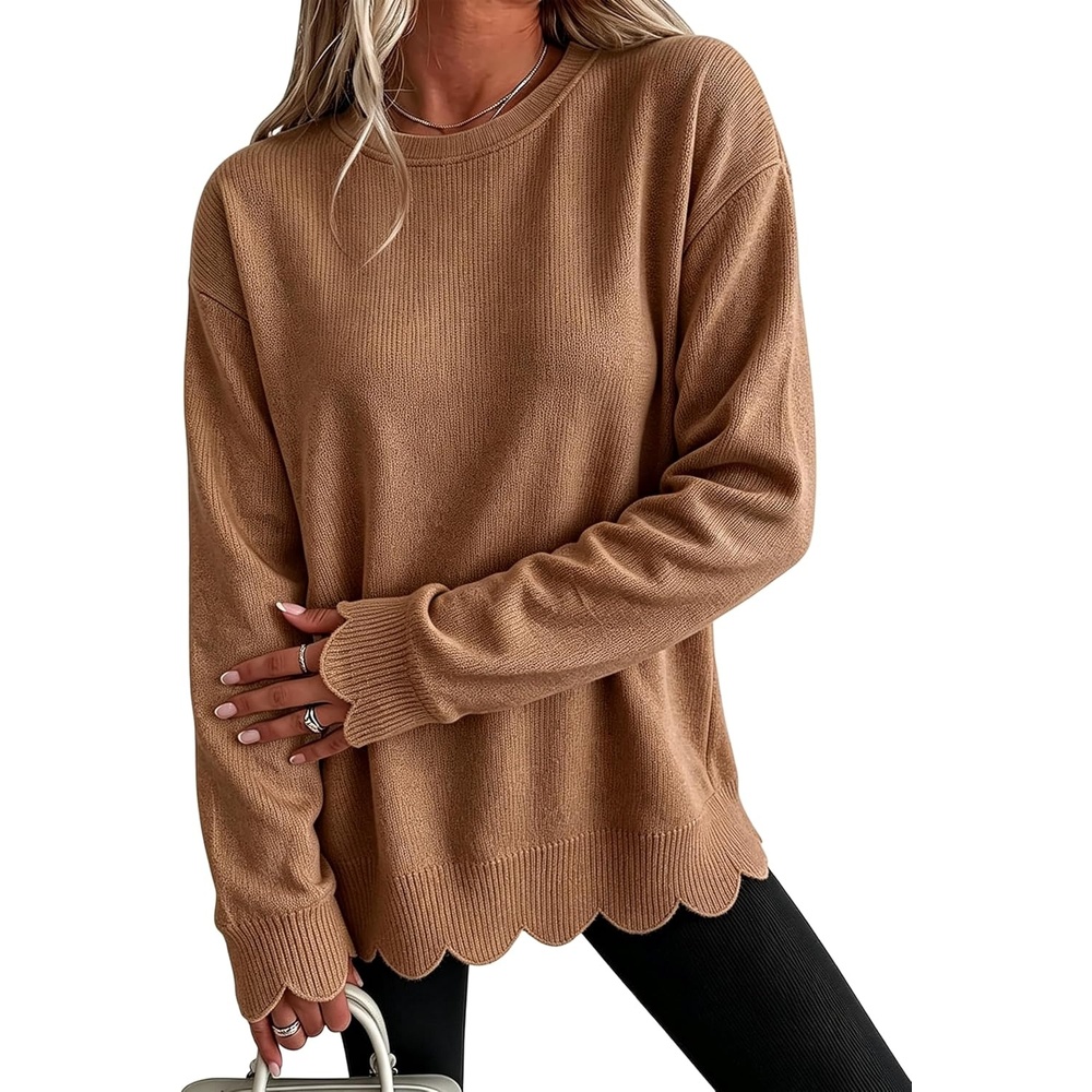 image:imageSpringrain Womens Scalloped Trim Sweater Crew Neck Long Sleeve Knit TopBrown
