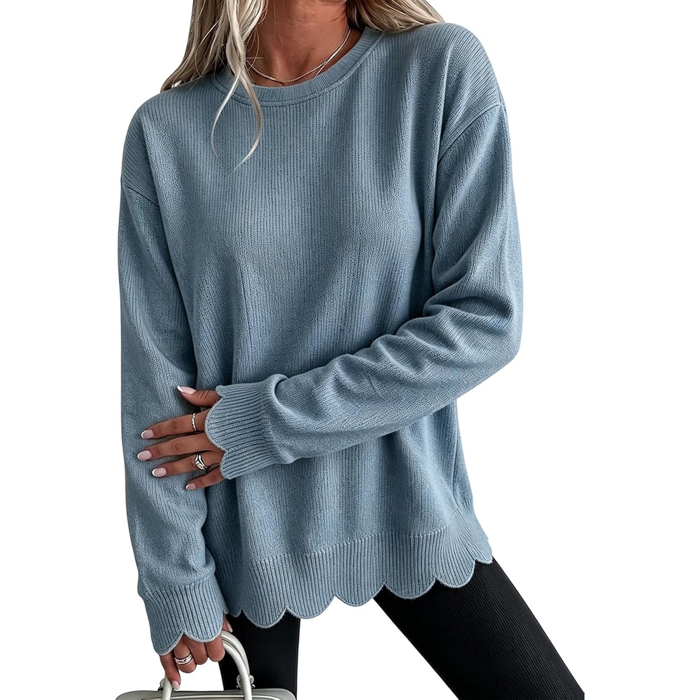 image:imageSpringrain Womens Scalloped Trim Sweater Crew Neck Long Sleeve Knit TopDustyblue