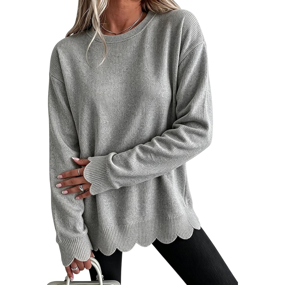 image:imageSpringrain Womens Scalloped Trim Sweater Crew Neck Long Sleeve Knit TopGrey