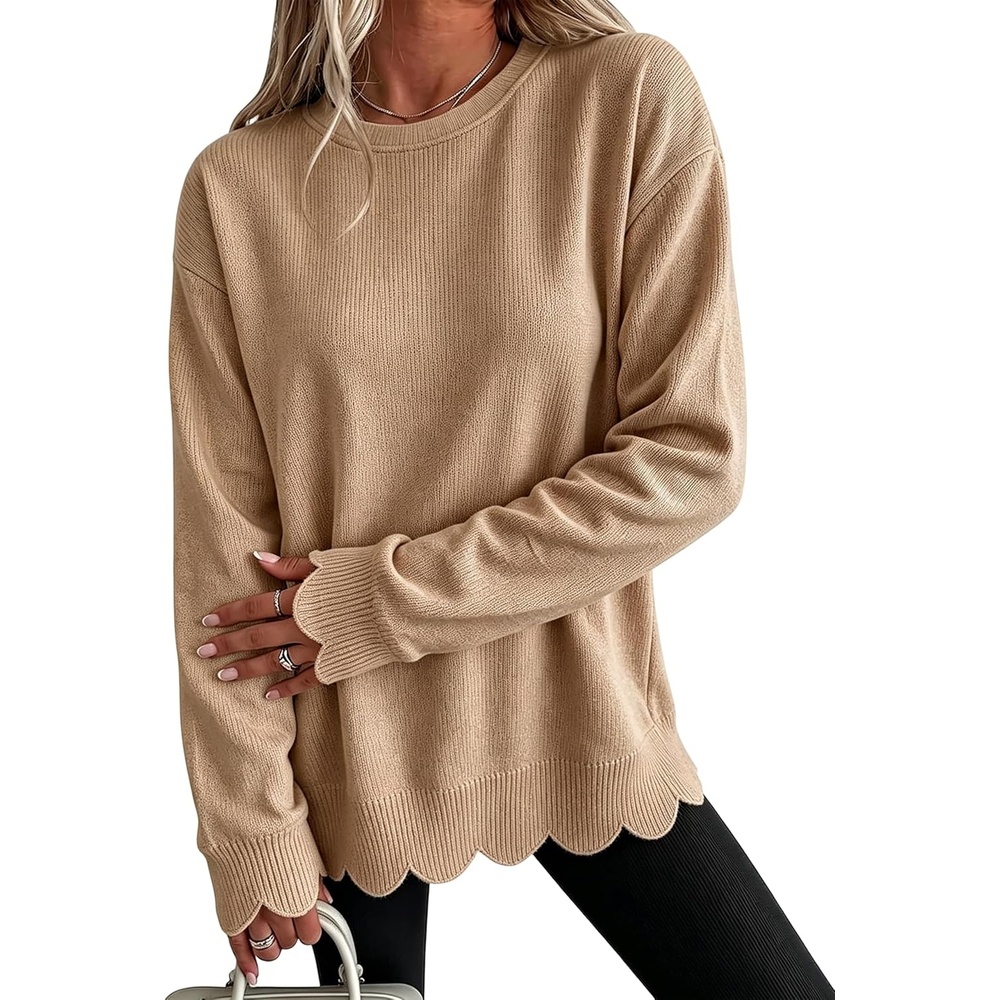 image:imageSpringrain Womens Scalloped Trim Sweater Crew Neck Long Sleeve Knit TopKhaki