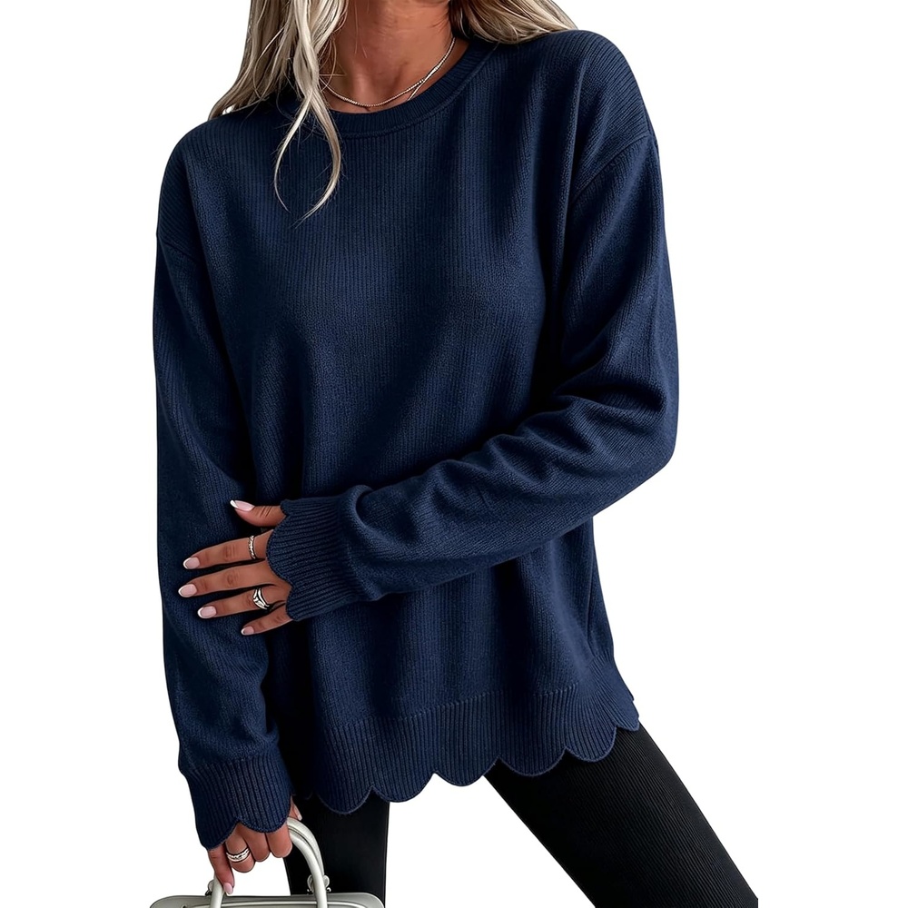 image:imageSpringrain Womens Scalloped Trim Sweater Crew Neck Long Sleeve Knit TopNavy