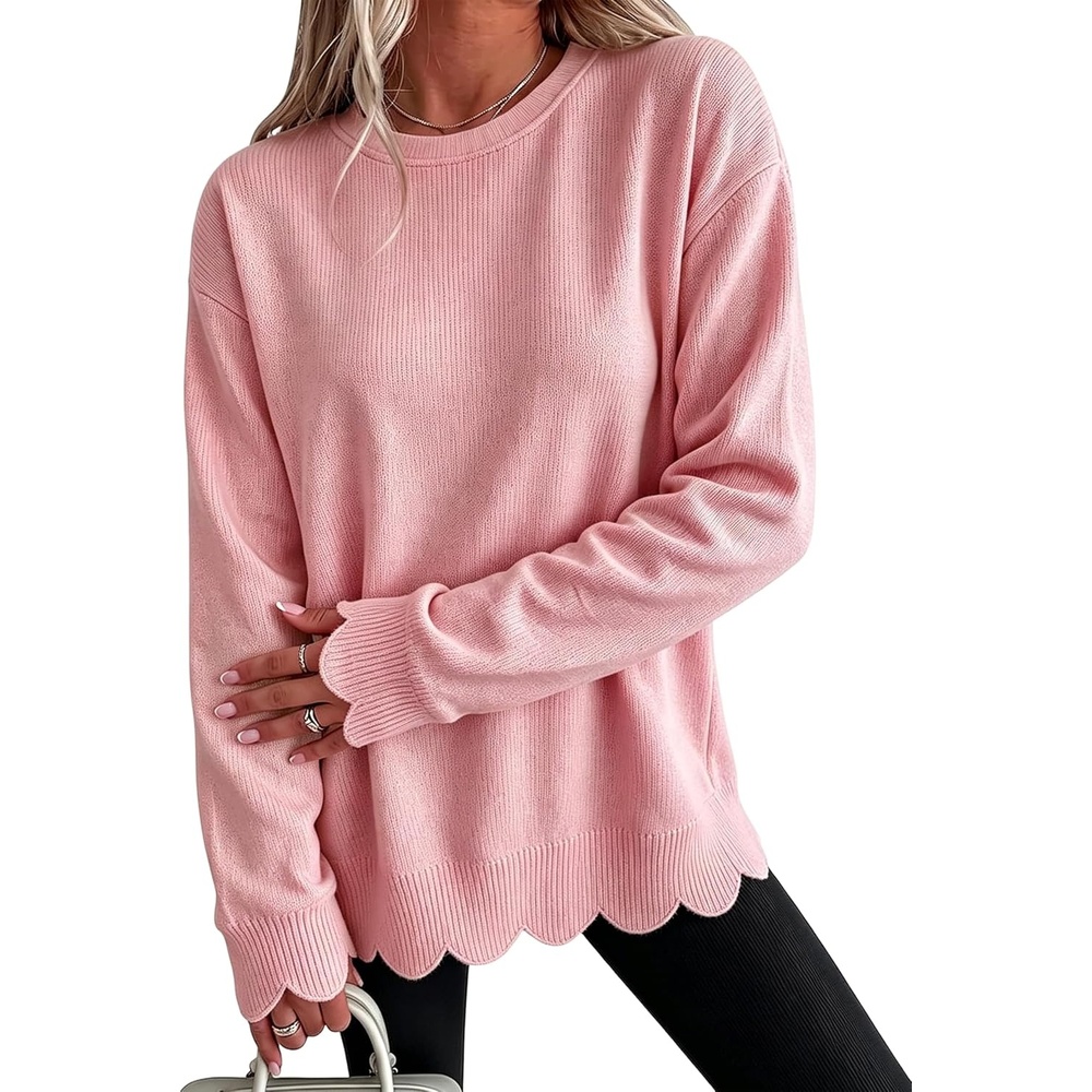 image:imageSpringrain Womens Scalloped Trim Sweater Crew Neck Long Sleeve Knit TopPink