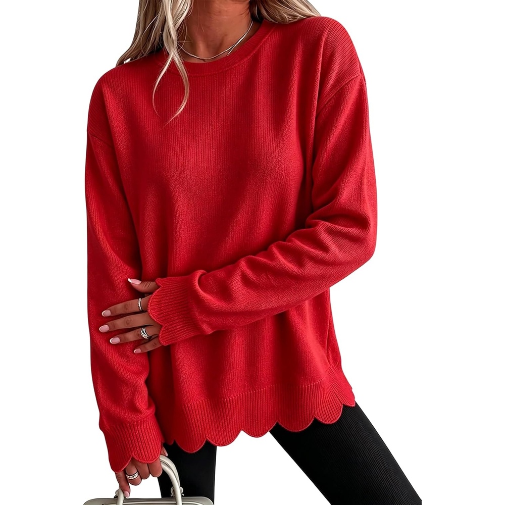 image:imageSpringrain Womens Scalloped Trim Sweater Crew Neck Long Sleeve Knit TopRed