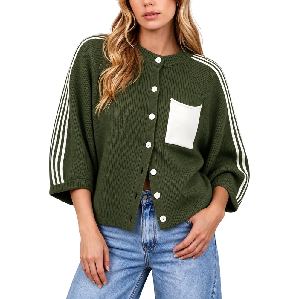 image:imageSpringrain Womens Striped Cardigan Crew Neck Button Down Knit SweaterArmygreen
