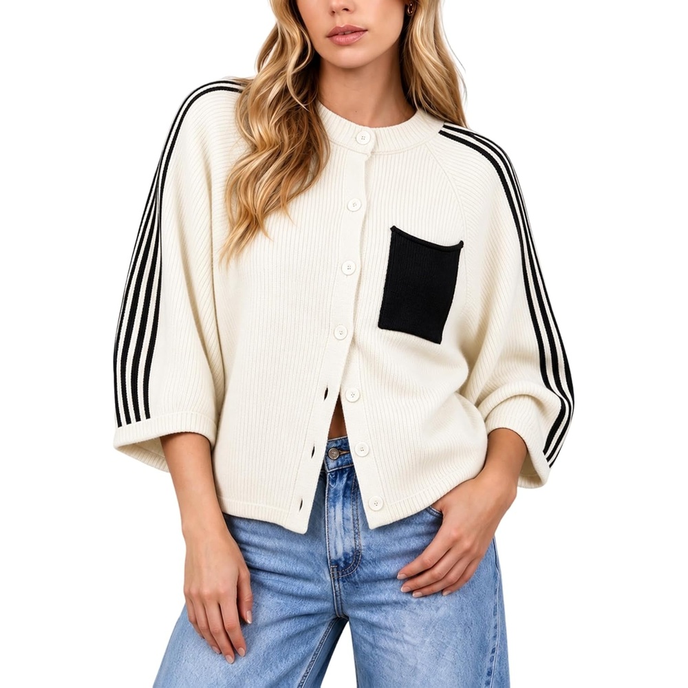 image:imageSpringrain Womens Striped Cardigan Crew Neck Button Down Knit SweaterBeige