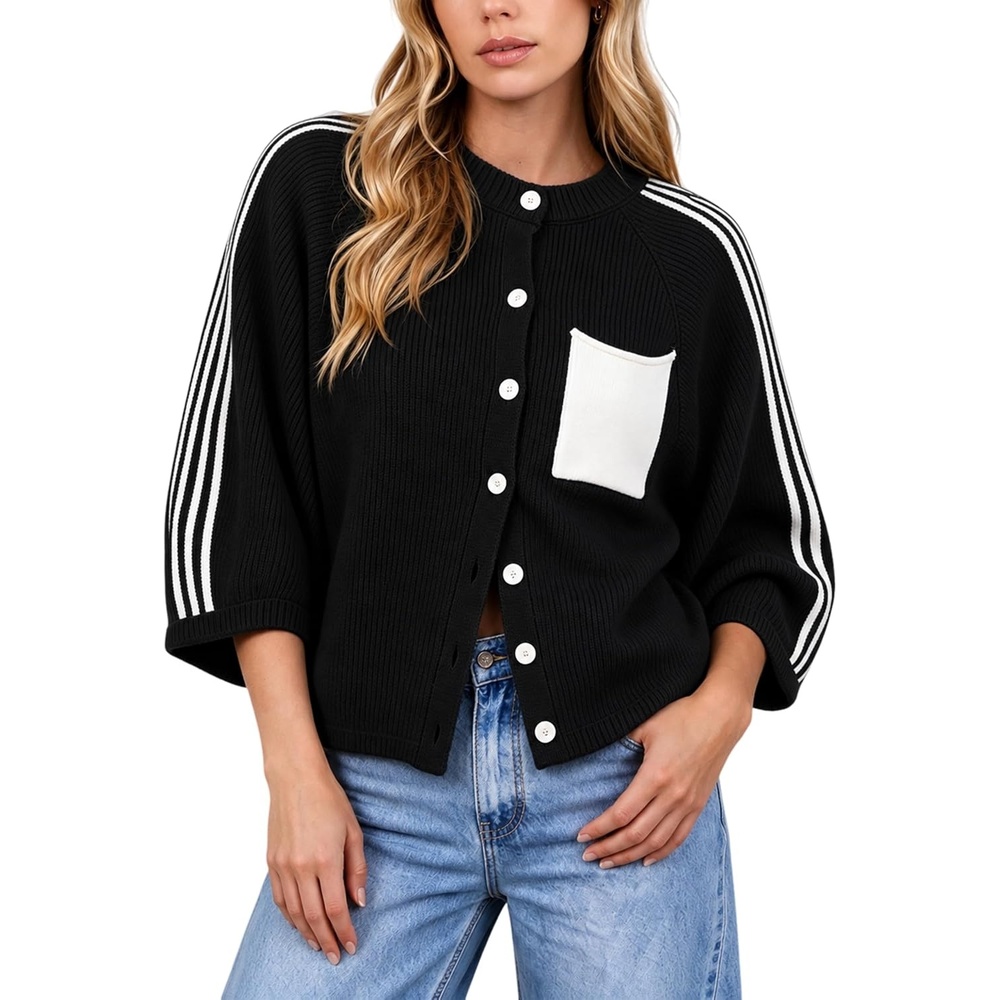 image:imageSpringrain Womens Striped Cardigan Crew Neck Button Down Knit SweaterBlack