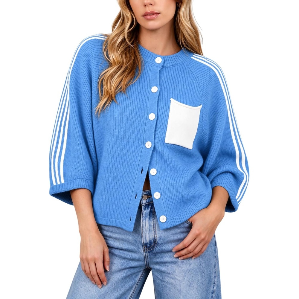 image:imageSpringrain Womens Striped Cardigan Crew Neck Button Down Knit SweaterBlue