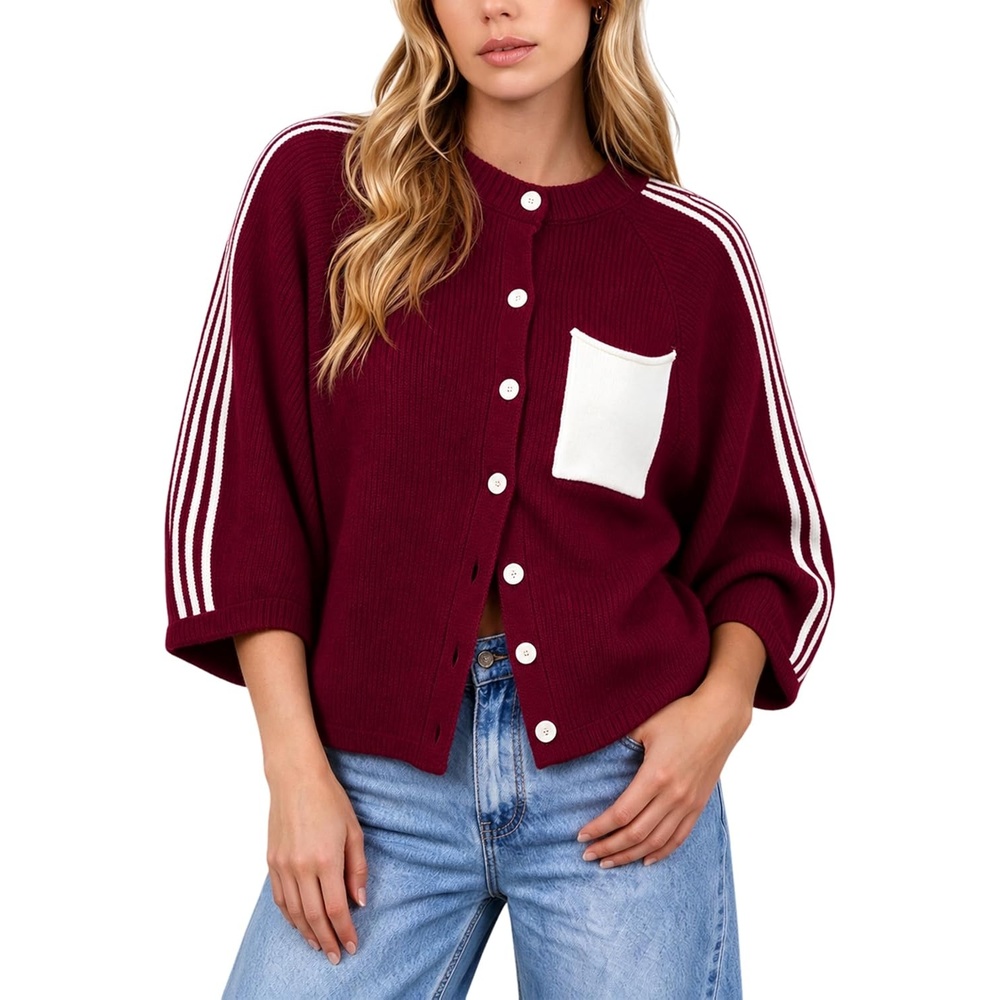 image:imageSpringrain Womens Striped Cardigan Crew Neck Button Down Knit SweaterBurgundy
