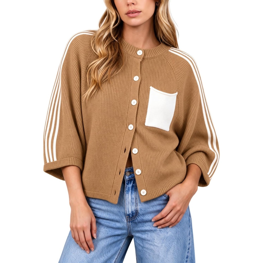 image:imageSpringrain Womens Striped Cardigan Crew Neck Button Down Knit SweaterCamel