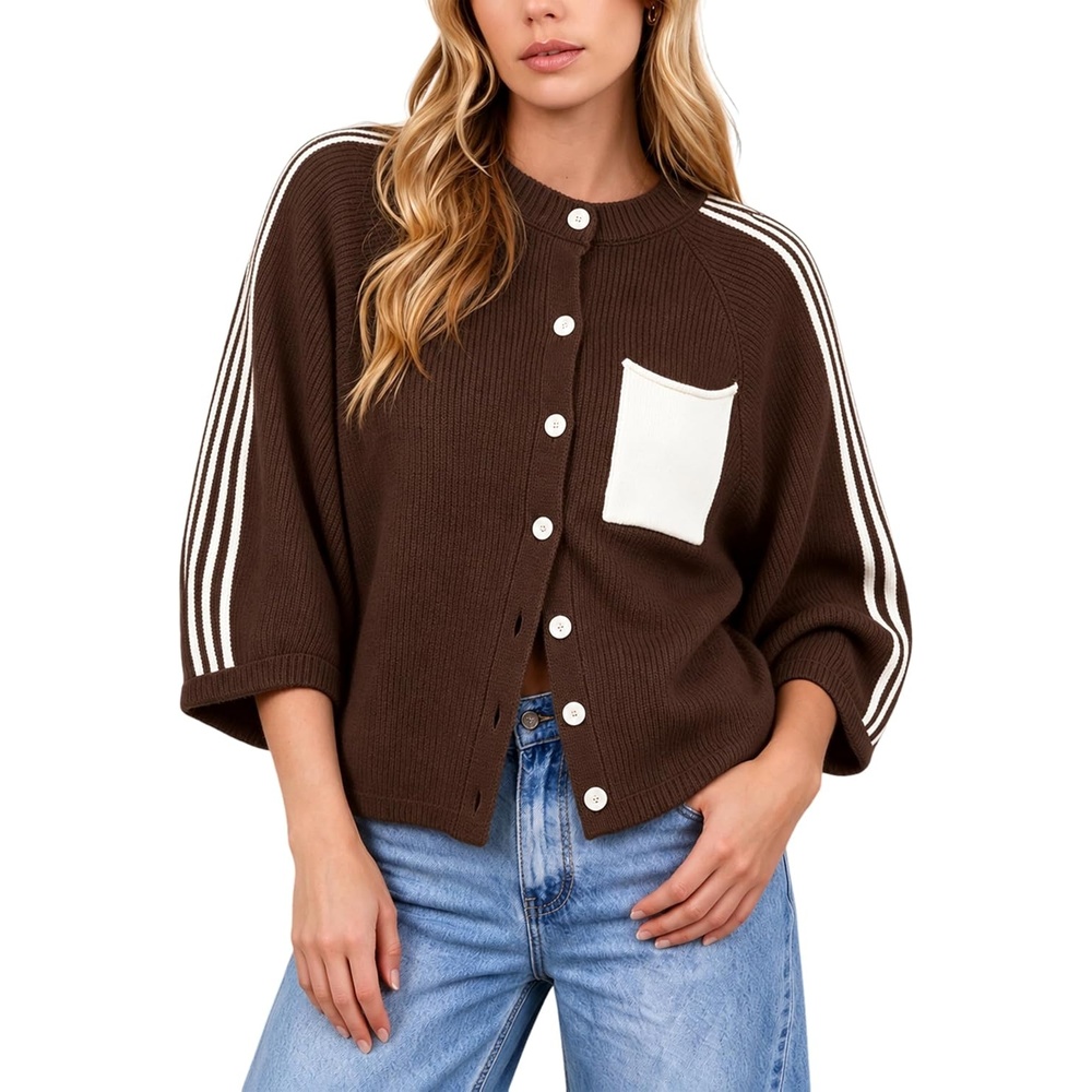 image:imageSpringrain Womens Striped Cardigan Crew Neck Button Down Knit SweaterCoffee