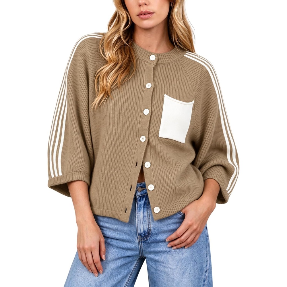 image:imageSpringrain Womens Striped Cardigan Crew Neck Button Down Knit SweaterKhaki