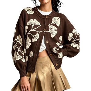 Springrain Women’s Floral Cardigan Crew Neck Button Down Knit Sweater(Coffee)