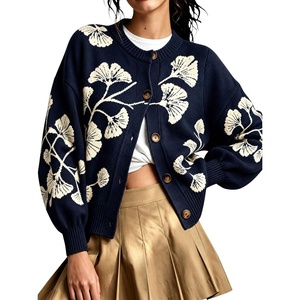 Springrain Women’s Floral Cardigan Crew Neck Button Down Knit Sweater(Navy)