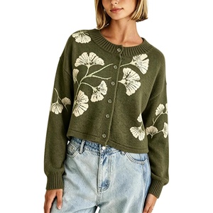 Springrain Women’s Floral Cropped Cardigan V Neck Button Down Knit Sweater(Armygreen)