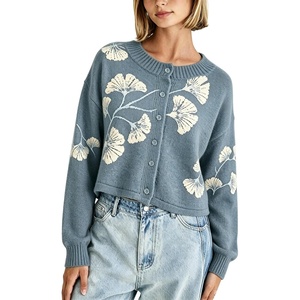 Springrain Women’s Floral Cropped Cardigan V Neck Button Down Knit Sweater(Dustyblue)