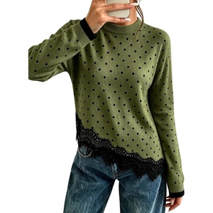 Springrain Women’s Polka Dot Sweater Long Sleeve Lace Trim Knit Top(Armygreen)