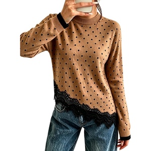 Springrain Women’s Polka Dot Sweater Long Sleeve Lace Trim Knit Top(Brown)
