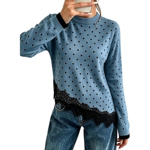 Springrain Women’s Polka Dot Sweater Long Sleeve Lace Trim Knit Top(Dustyblue)