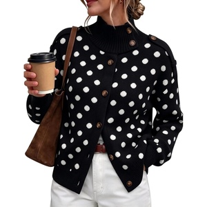 Springrain Women’s Polka Dot Turtleneck Ribbed Knit Button Cardigan Sweater(Black)