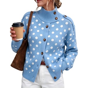 Springrain Women’s Polka Dot Turtleneck Ribbed Knit Button Cardigan Sweater(Blue)