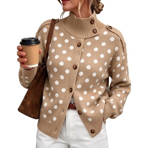 Springrain Women’s Polka Dot Turtleneck Ribbed Knit Button Cardigan Sweater(Khaki)