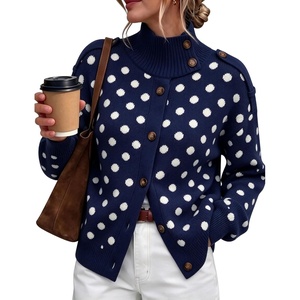 Springrain Women’s Polka Dot Turtleneck Ribbed Knit Button Cardigan Sweater(Navy)