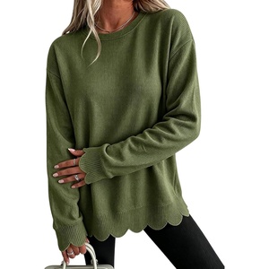 Springrain Womens Scalloped Trim Sweater Crew Neck Long Sleeve Knit Top(Armygreen)