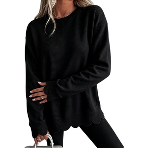 Springrain Womens Scalloped Trim Sweater Crew Neck Long Sleeve Knit Top(Black)
