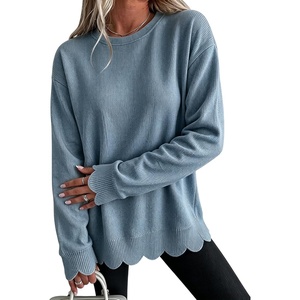 Springrain Womens Scalloped Trim Sweater Crew Neck Long Sleeve Knit Top(Dustyblue)