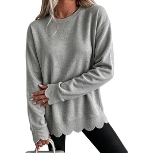 Springrain Womens Scalloped Trim Sweater Crew Neck Long Sleeve Knit Top(Grey)
