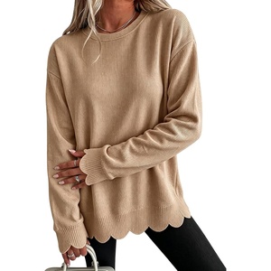 Springrain Womens Scalloped Trim Sweater Crew Neck Long Sleeve Knit Top(Khaki)
