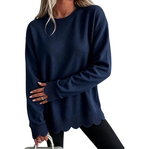 Springrain Womens Scalloped Trim Sweater Crew Neck Long Sleeve Knit Top(Navy)