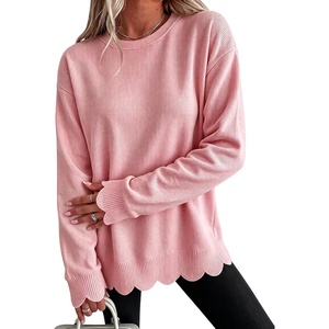 Springrain Womens Scalloped Trim Sweater Crew Neck Long Sleeve Knit Top(Pink)