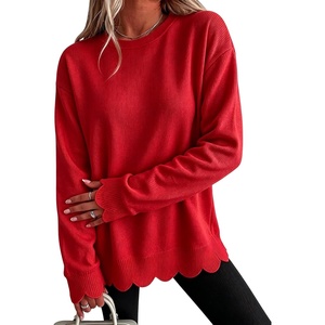Springrain Womens Scalloped Trim Sweater Crew Neck Long Sleeve Knit Top(Red)