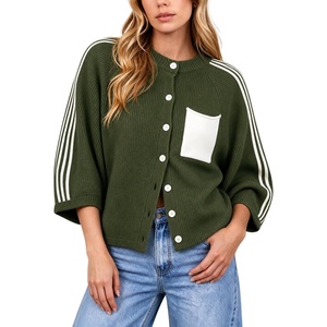 Springrain Women’s Striped Cardigan Crew Neck Button Down Knit Sweater(Armygreen)